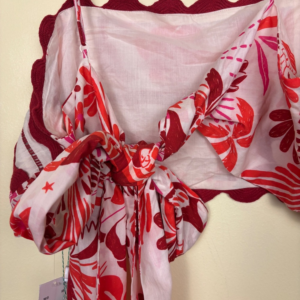 NWT FARM RIO 100% Cotton Tiles Printed Crop Top Red Motif Women Size XL Tie Back - Picture 9 of 13